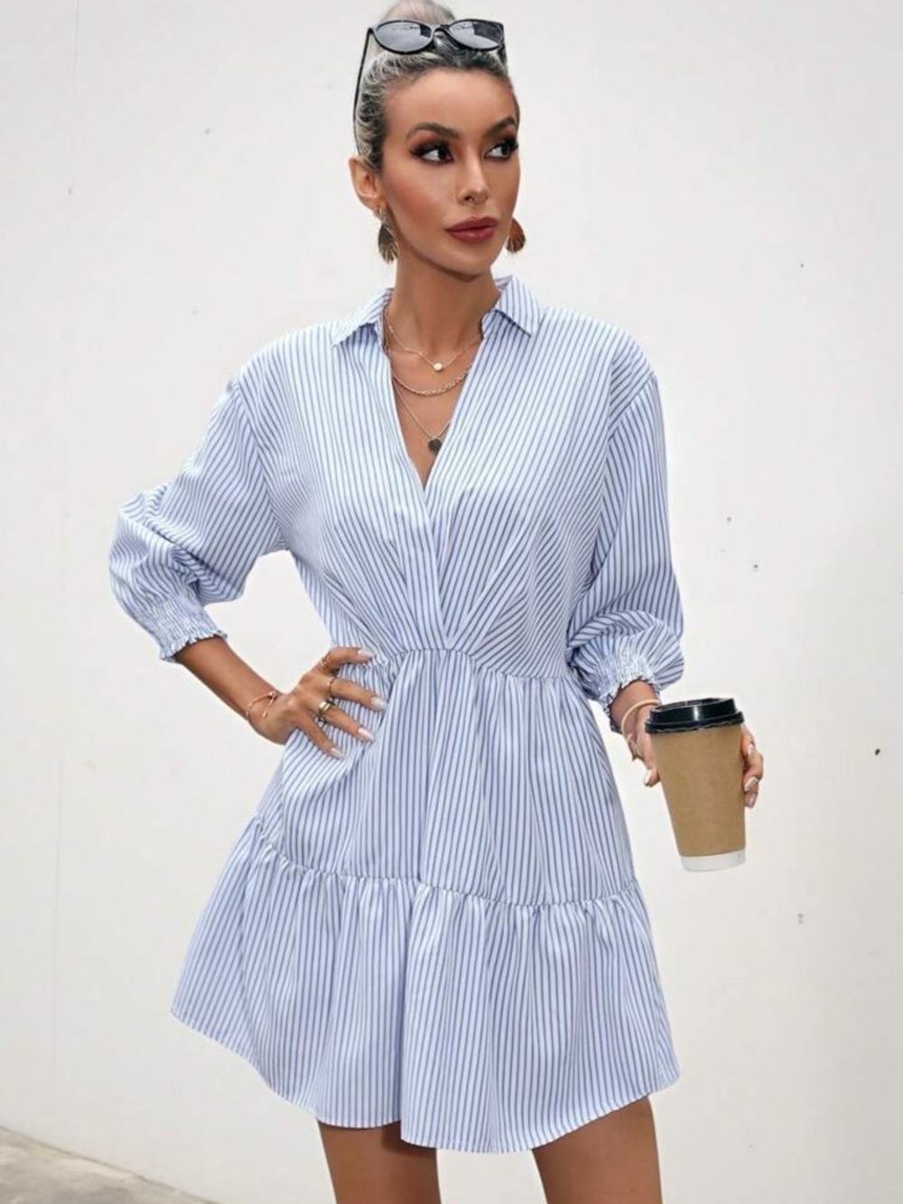 Blue Striped Wrap Mini Casual Dress – S - Picture 4 of 7